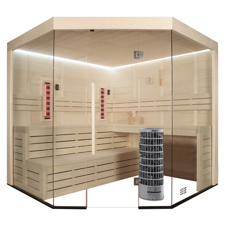 Innensauna/Kombisauna AWT E1201B-IR aus Pappelholz inkl. Saunaofen Cilindro mit Vollspektrumstrahler / 205 x 205 cm